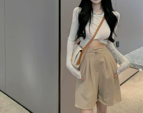 ?西装短裤女夏季薄款复古五分裤高腰显瘦中裤...