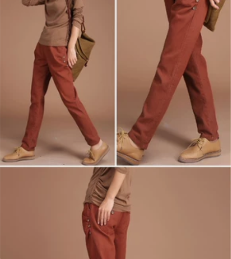 韩潮袭人韩版砖红色松紧腰哈伦裤秋冬女装新款...