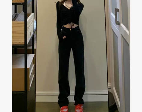 【年货价】黑色高腰加绒牛仔裤女直筒chic...