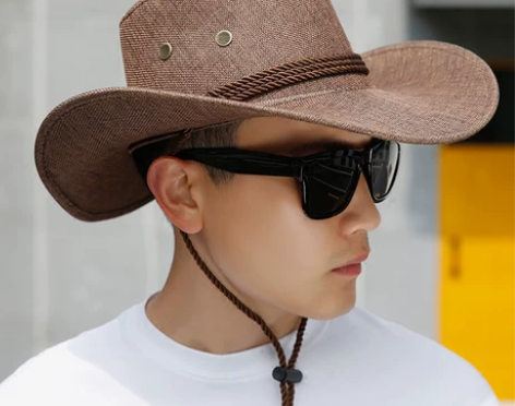 户外草帽男夏天海边沙滩帽西部牛仔帽子男士登...