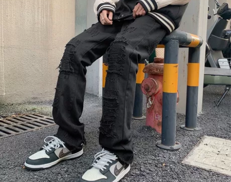 破洞牛仔裤男秋冬美式做旧水洗高街复古修身宽...