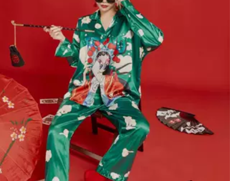 睡衣女春秋冰丝长袖国潮睡裙中国风闺蜜装聚会...