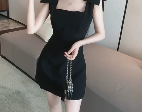 法式别致设计感小众小黑裙 拍照穿过一次 感...
