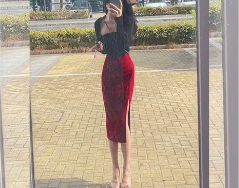 红色针织包裙半身裙包臀裙秋女中长款后开叉修...