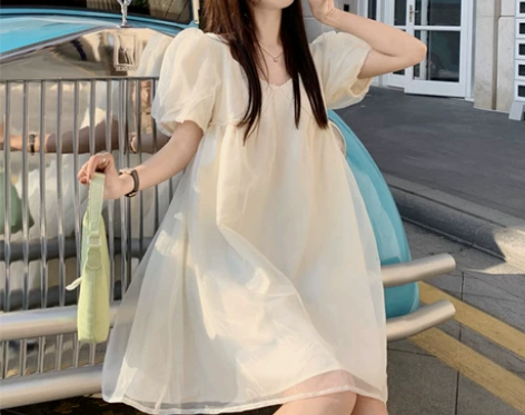 日系复古初恋裙温柔甜美蓬蓬裙女夏法式方领泡...