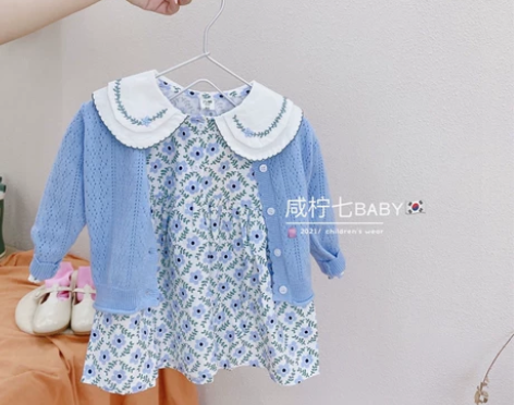 女童洋气套装裙秋装新款针织毛衣开衫碎花连衣...