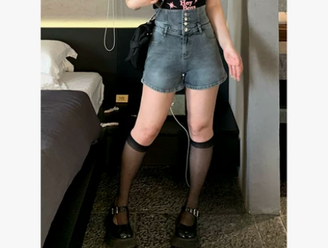 黑泽玄七2022夏季新款高腰牛仔短裤女宽松...