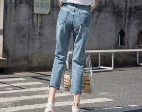 网红膝盖破洞复古高腰牛仔裤女2022年春季...
