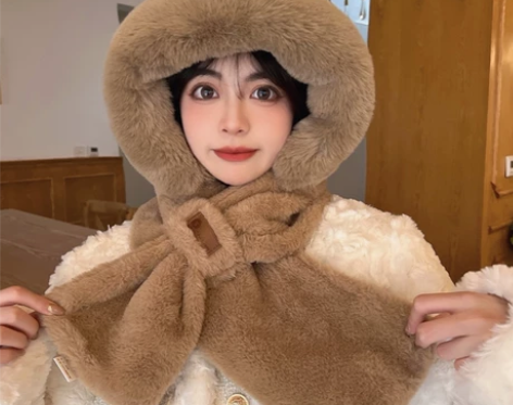 帽子围巾一体可爱女秋冬毛绒保暖 仓库升级，...