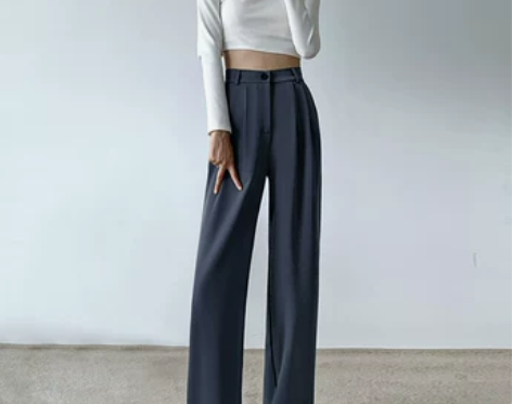 夏春茶显瘦黑色西装阔腿裤女春秋加长高腰垂感...