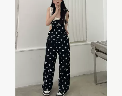 x不是好人 复古ins十字架背带裤女网红同...