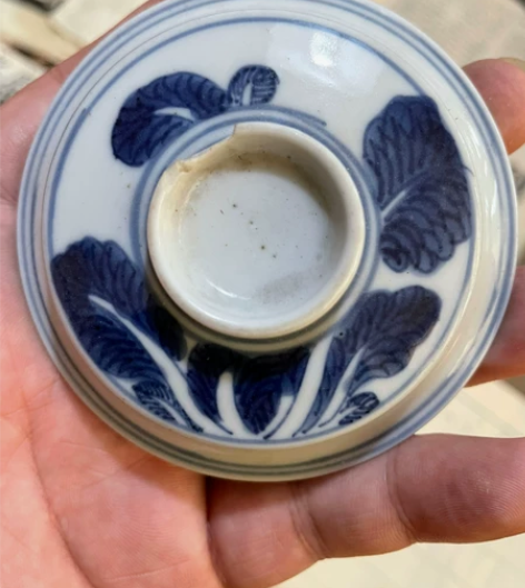 晚清细路青花白菜纹饰茶碗盖，开门老货，青花...