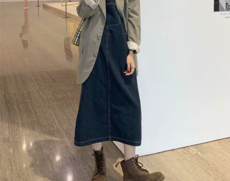 蓝色牛仔背带裙女2020秋季新款韩版宽松显...