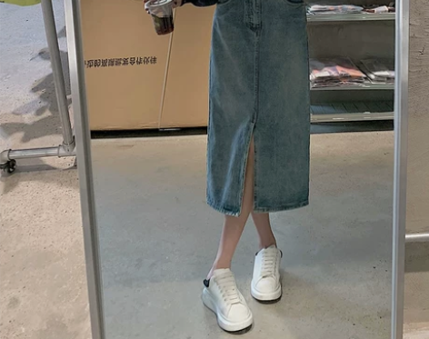 妖六六 中长款牛仔半身裙女夏季小个子高腰开...