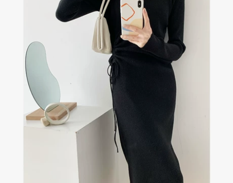 赫本风连衣裙秋冬装炸街显瘦长裙心机设计感复...