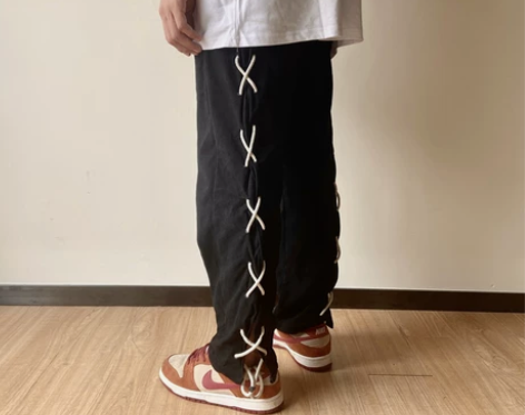 OPUP长裤男休闲裤夏薄款黑色垂感绑带宽松...