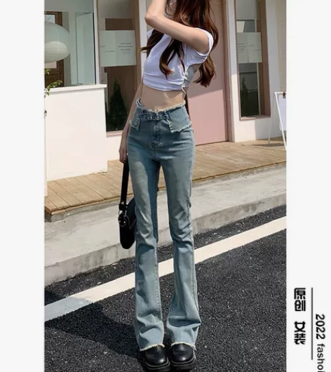 复古毛边微喇牛仔裤女高腰弹力显瘦修身小众高...