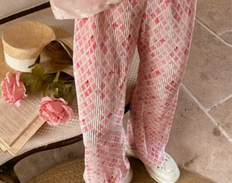 粉色碎花阔腿裤子女夏薄款百褶高腰显瘦直筒拖...