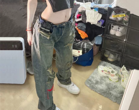 破洞牛仔裤女夏季新款直筒休闲裤ins潮美式...