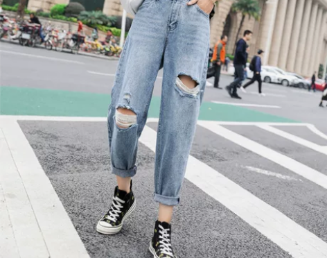 破洞牛仔裤女九分宽松直筒哈伦裤网红韩版高腰...