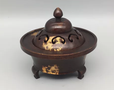 铜鎏金如意圆盘熏香炉，工艺精湛 ，包浆醇厚...