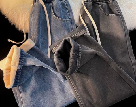 加绒加厚牛仔裤男秋冬季宽松直筒松紧腰阔腿裤...