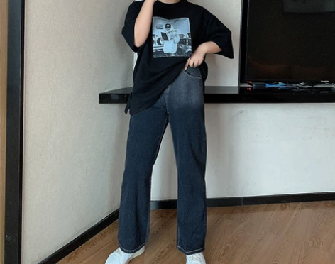 大码黑色渐变牛仔裤女春夏款胖mm直筒宽松显...