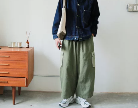 水洗工装阔腿八分裤萝卜裤军事工装人字纹复古...