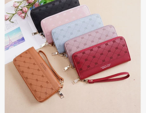 长款钱包女皇冠pu绣线女士手拿钱夹多卡位时...