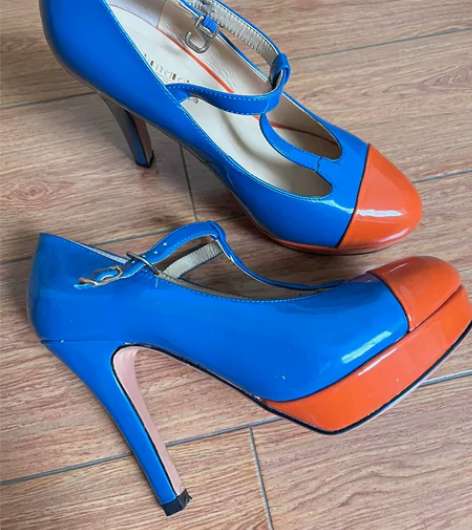 斯莱曼蒂漆皮蓝色橙色拼色厚底防水台高跟鞋女...