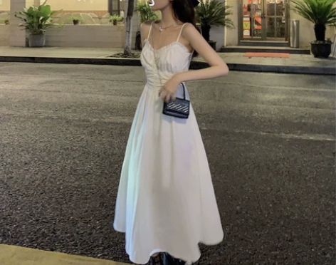 法式吊带超长款及踝连衣裙女夏春白色内搭17...
