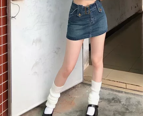 牛仔半身裙女秋冬美式复古高腰辣妹超短裙A字...