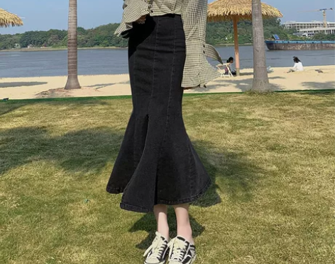 ?黑色高腰牛仔鱼尾裙半身裙女春秋a字裙荷叶...