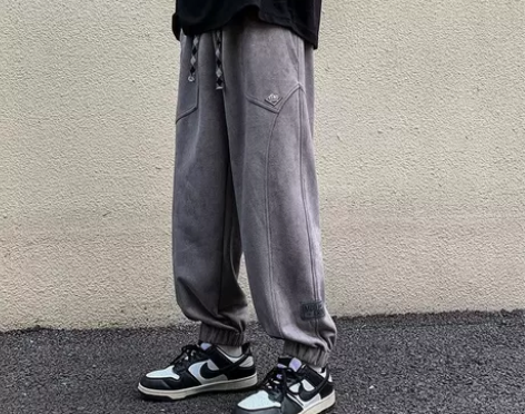 麂皮绒休闲裤子男秋冬季加绒加厚潮牌束脚运动...