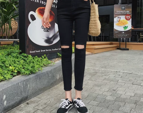 春季新款显瘦黑色高腰烂牛仔裤女大破洞小脚…...