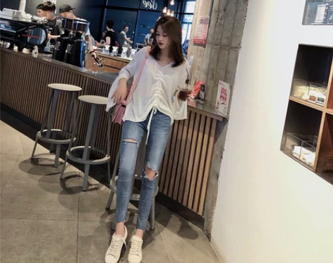 夏季新款韩版破洞牛仔裤女小脚裤铅笔裤乞丐…...