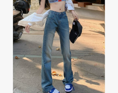 美式喇叭牛仔裤女春秋高腰显瘦阔腿复古蓝做旧...