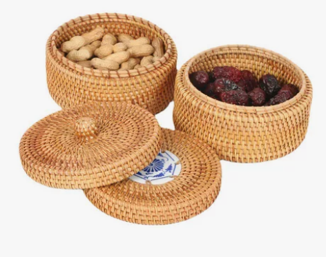 越南秋藤编织圆款收纳盒茶叶点心零食收纳筐棋...