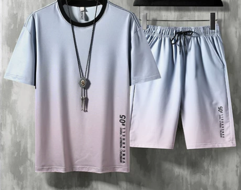 夏季男士薄款冰丝休闲套装时尚潮流渐变色宽松...