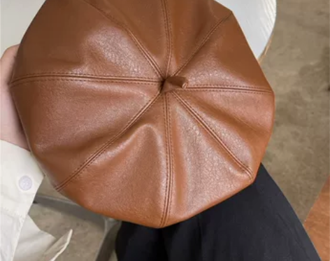 秋日氛围感 复古皮质南瓜帽贝雷帽画家帽 0...