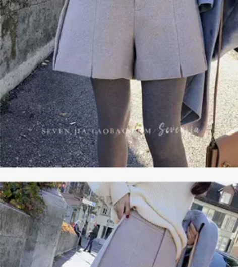 柒柒家毛呢短裤女春秋韩版时尚高腰加厚超火呢...
