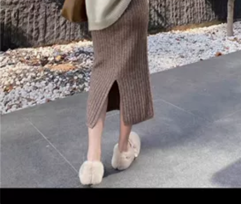 针织半身裙秋冬女中长款a字裙百搭新款开叉裙...