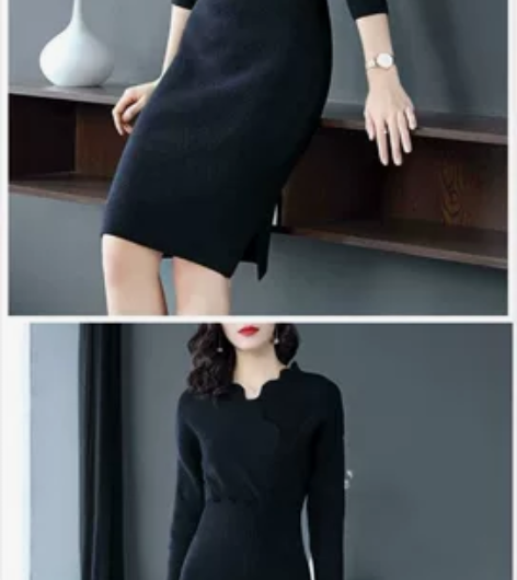 春秋冬装中长款v领修身针织连衣裙女过春秋装...