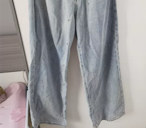 浅蓝色烫钻高腰牛仔裤女夏季新款小个子显瘦直...