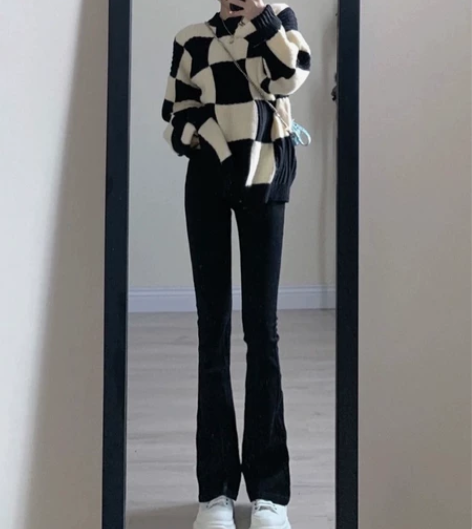 黑色高腰微喇牛仔裤女2021秋冬加绒弹力显...