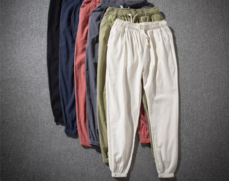 春夏季中国风亚麻裤男士宽松直筒松紧腰纯麻