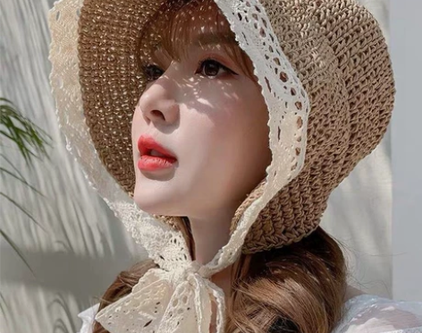 包邮草帽女夏蕾丝系带沙滩帽小清新海边出游度...