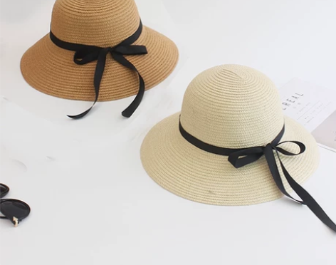 夏季草帽女丝带蝴蝶结遮阳防晒帽子大檐帽可折...