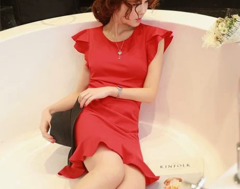 欧洲站2016夏季新款女装修身荷叶边袖不规...