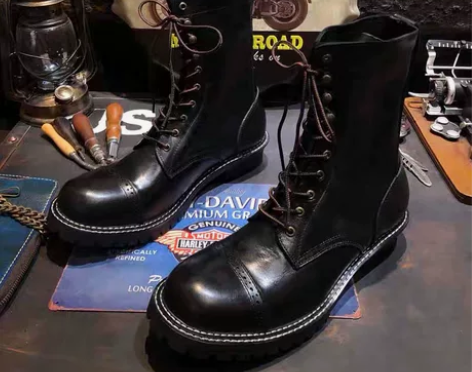 黑色美式复古真皮大头英伦风工装马丁骑行牛皮...